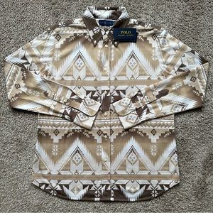 KNIT OXFORD TAUPE WOMENS SIZE XL WESTERN TRIBAL BUTTON UP DOWN LONG SLEEVE BROWN